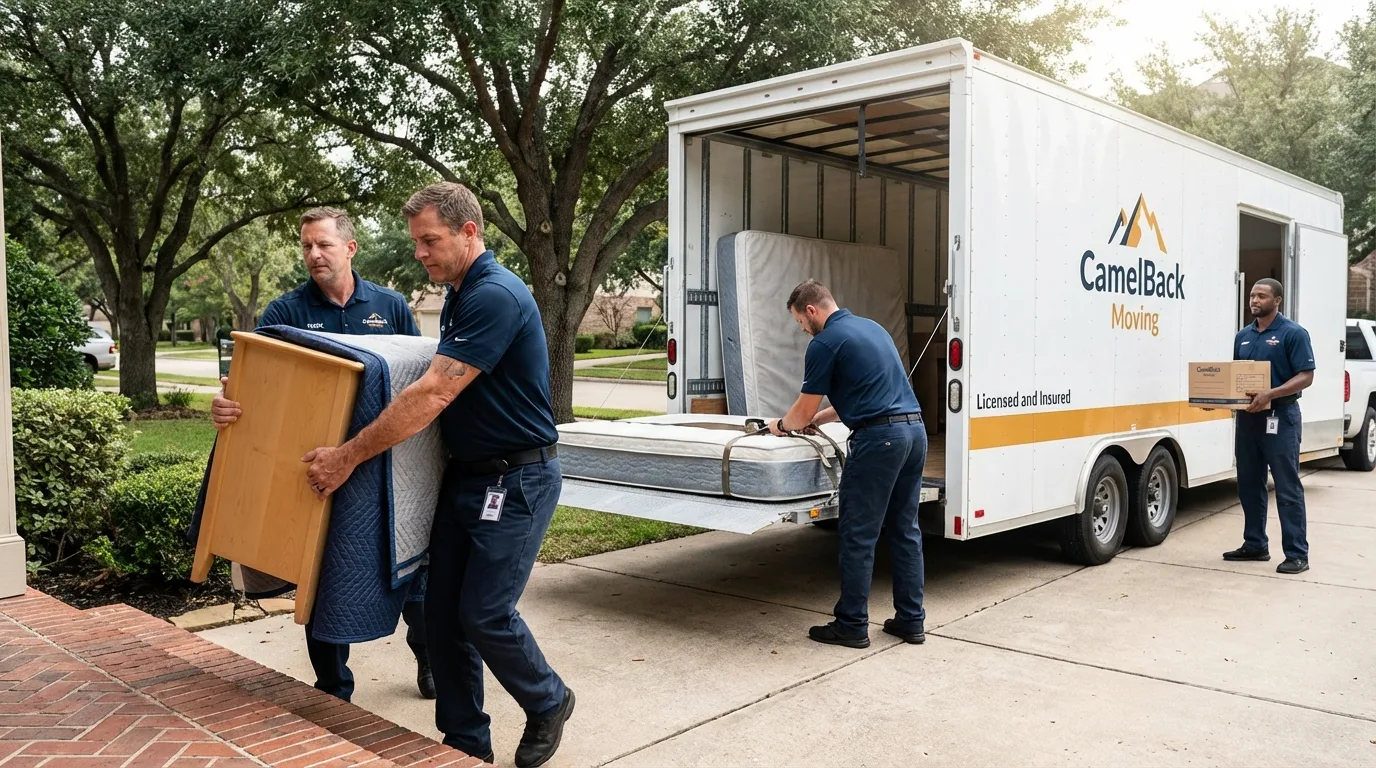 Crew loading residential truck for cross-state move from La Marque, TX