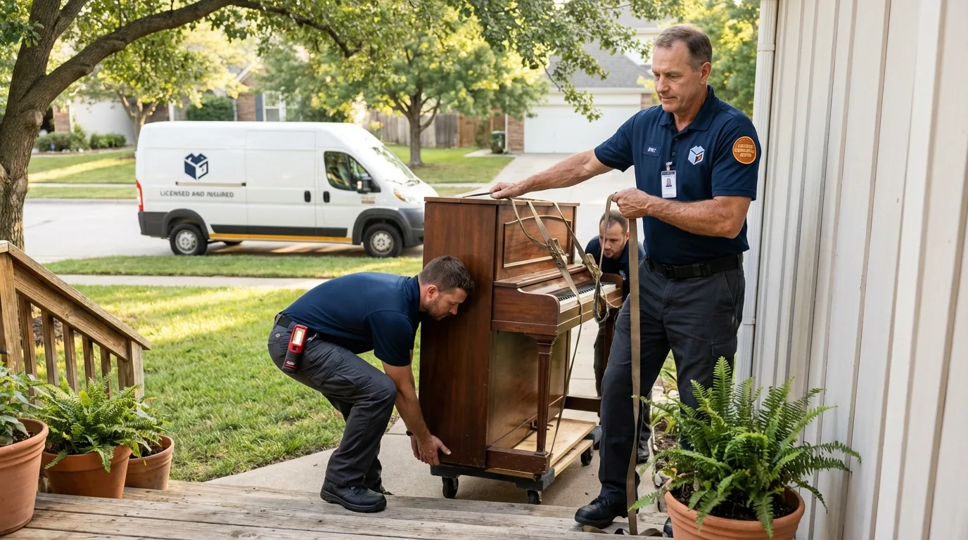 Licensed piano movers securing grand piano in La Marque, TX